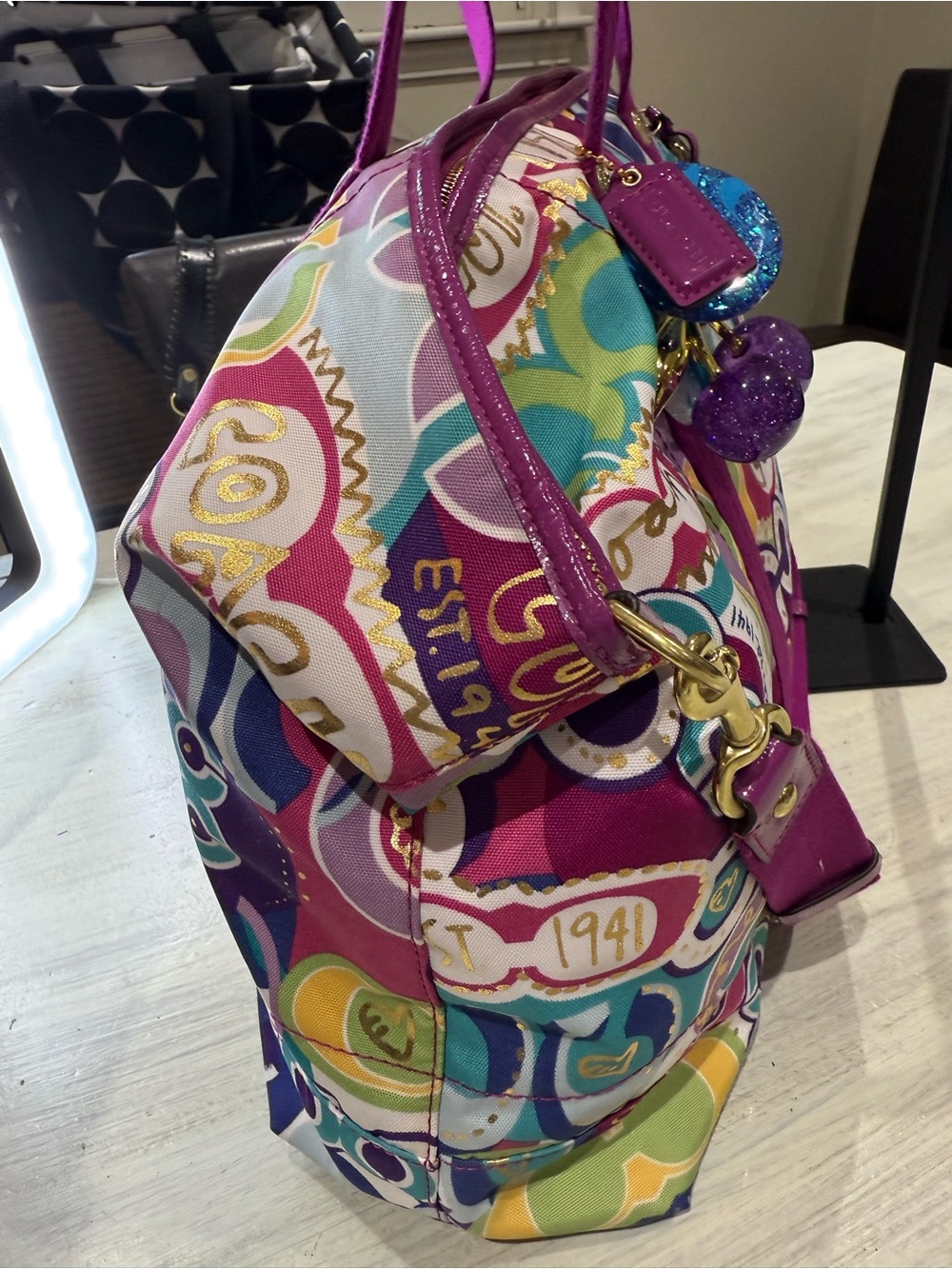 Coach Multicolor Poppy Graffiti Signature Weekend Tote with Fuchsia Straps-NWOT - Picture 8 of 16